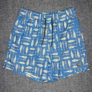 AFTCO Fishing Shorts Mens M Blue Fish Print Elastic Waist Drawstring Swim Trunks